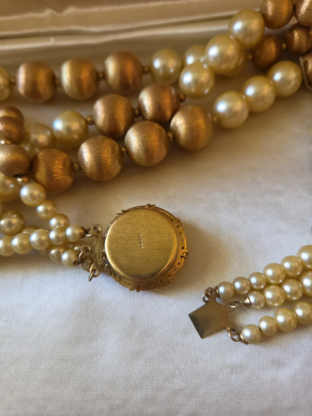 Vintage 1950’s Signed Napier 3 Strand Faux Pearl & Gold Tone Bead Necklace